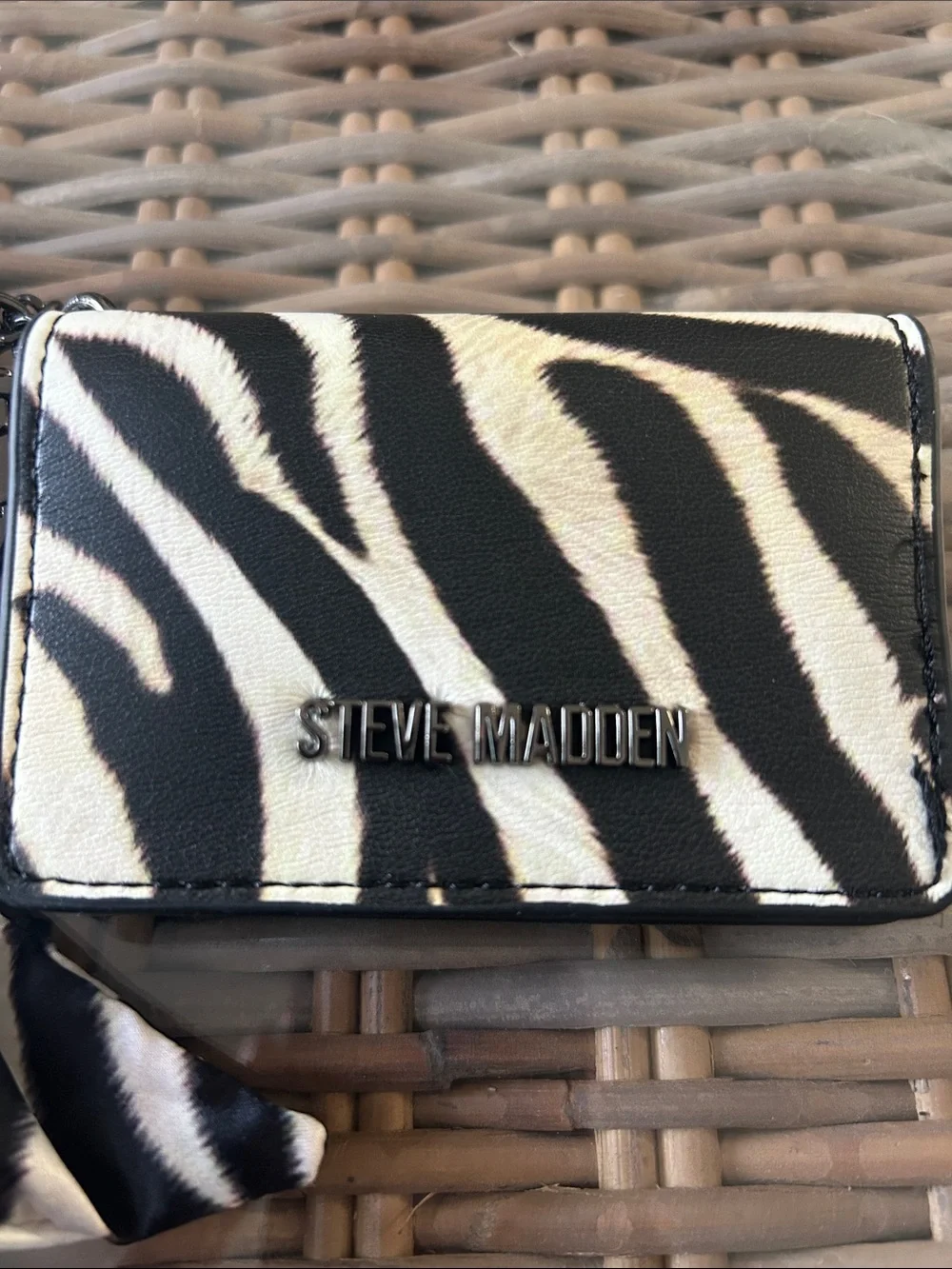 Steve Madden Black and White Zebra Card Holder with Tassel Keychain